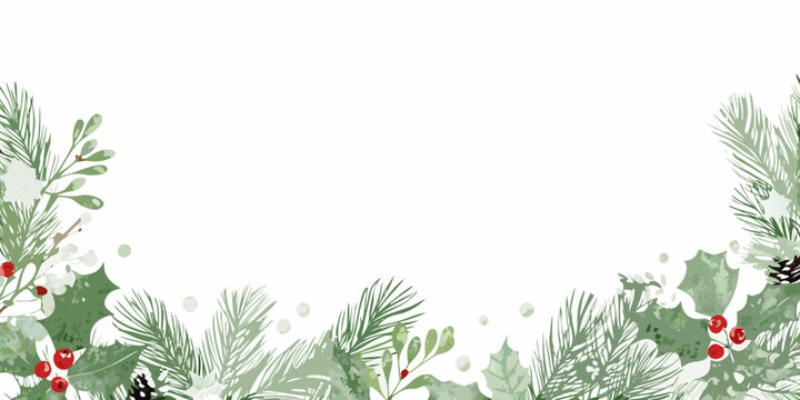Watercolor christmas border featuring holly pine needles and mistletoe sprigs on white