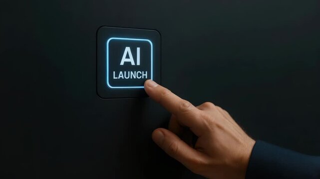 Close-up of a hand pressing an illuminated AI Launch button on a dark panel