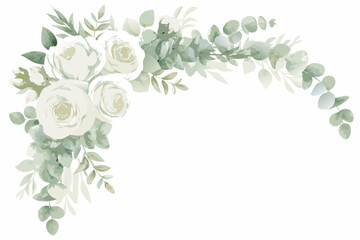 White rose and eucalyptus corner arrangement in a watercolor style on a white background © Satyajit