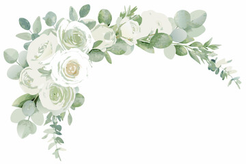 Watercolor white rose and eucalyptus corner arrangement on a white background © Satyajit