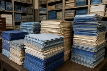 Fototapeta premium Stacks of blue-toned fabrics fill the room. Organized shelves line the background behind. Neutral tones contrast with rich, textured blue shades