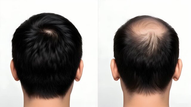 Comparison of male head showing healthy hair growth and significant hair loss pattern to demonstrate the visible difference between full thickness and balding scalp stages