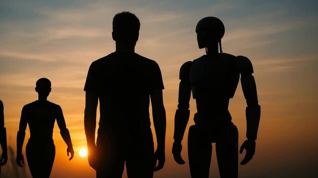 Silhouettes of a man and a humanoid robot standing together at sunset, contemplative science fiction scene
