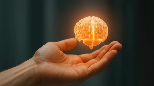 Glowing orange holographic brain floating above an open hand, symbolizing intelligence, neuroscience, innovation and the human mind