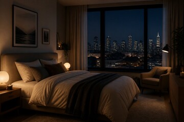 Obraz premium Cozy bedroom at night with city skyline view. Soft lighting casts warm glow on bed and furniture. Comfortable pillows and blanket suggest restful sleep. Large window frames urban lights