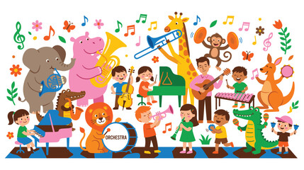 Fototapeta premium Animals performing musical concert flat design illustration.
