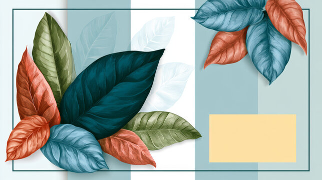 Modern botanical composition with oversized tropical leaves in teal, green and coral tones framed by geometric shapes. Elegant contemporary nature illustration for wall art, interiors and design.