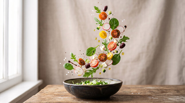 Salade Gourmande avec Ingr&eacute;dients en Suspension au-dessus d'un Bol