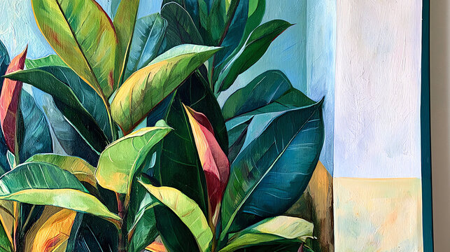 Modern botanical composition with oversized tropical leaves in teal, green and coral tones framed by geometric shapes. Elegant contemporary nature illustration for wall art, interiors and design.