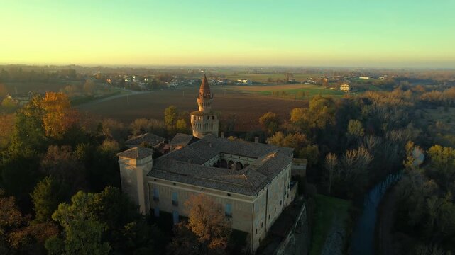 Drone view footage of the historic Castello di Rivalta in Piacenza, Emilia-Romagna, captured with its medieval towers, stone walls, and village setting&mdash;ideal for travel, heritage