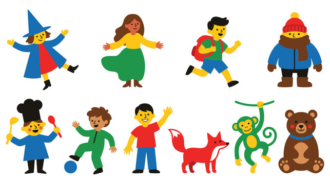 Set of cute diverse children and animals flat characters.