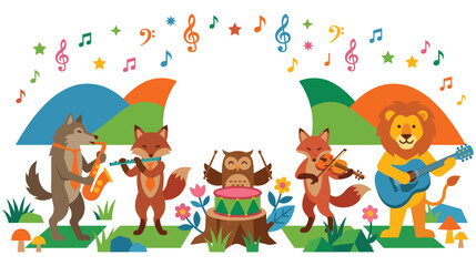 Naklejka premium Forest animals band playing music in mountain scenery.