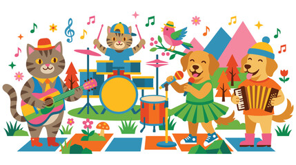 Naklejka premium Cute animal band playing music, funny cartoon pets.