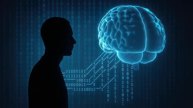 Silhouette person facing a glowing digital brain connected by binary data streams, a futuristic AI and neural interface concept
