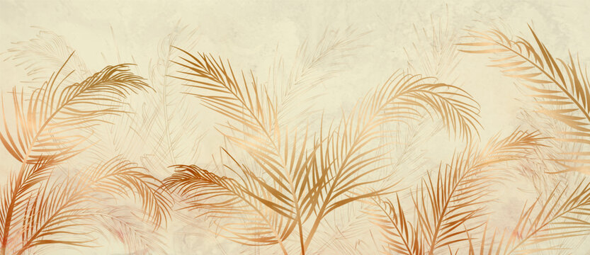 Botanical background with gold and brown palm leaves. Art banner with exotic plants for decor, prints, wallpaper, posters, textiles, packaging, and interior design.