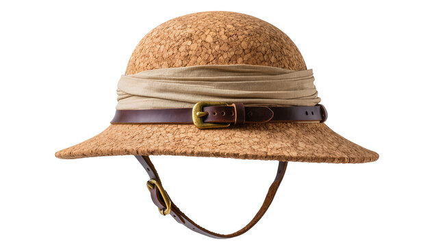 Isolated cork pith helmet with beige fabric band and brown leather strap with brass buckle