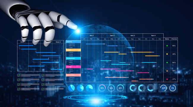 Futuristic robotic hand interacting with holographic data visualization of project management tasks and analytics in a high-tech urban environment. Bitwise.