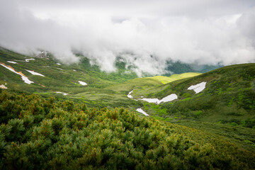 Obraz premium 富良野岳から上富良野岳の初夏の登山風景