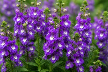 Obraz premium Vibrant purple flowers bloom in dense clusters. Each bloom displays delicate white centers. Green stems rise from lush, leafy bases. Sunlight enhances natural vividness of petals