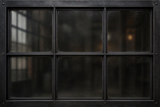 Dark window frame with six panes. Rustic metal bars frame each glass section. Dense shadows suggest an abandoned or industrial setting. Faint light filters through the left pane