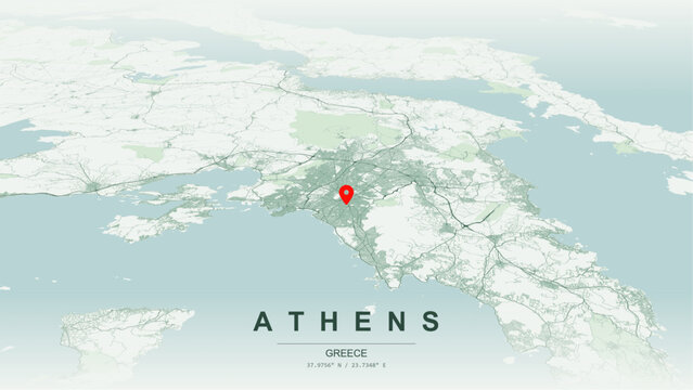Modern minimalist vector map of Athens, Greece. High-quality scalable illustration of Athens city grid, Port of Piraeus, Athens Riviera for posters design.
