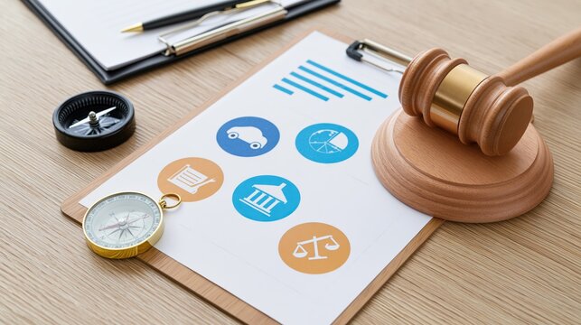 Legal and financial guidance concept with gavel and compass on desk
