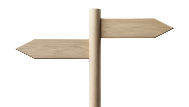 Isolated wooden signpost with two blank arrow-shaped signs pointing left and right