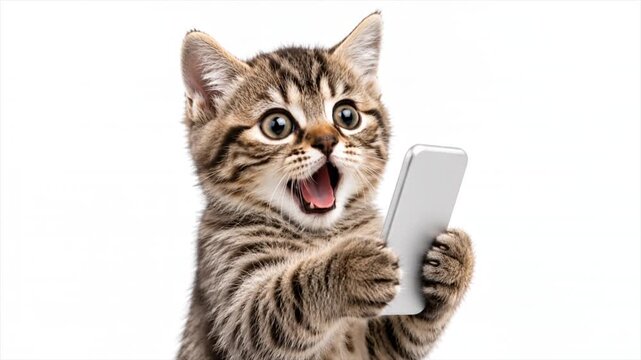Shocked smartphone meme cat with copy space, horizontal video