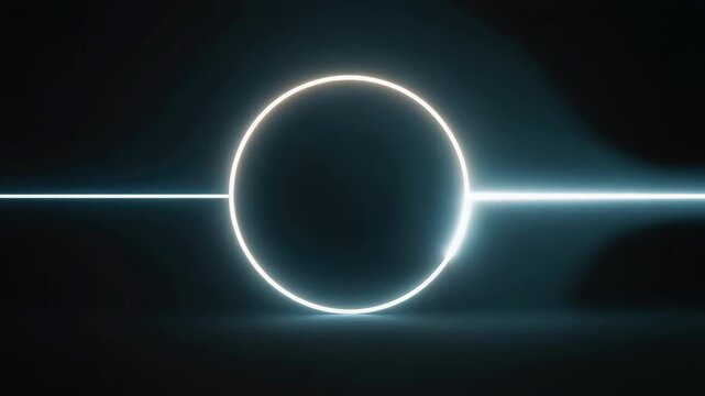 Glowing white neon circle intersected by a horizontal light line on a dark minimalist background