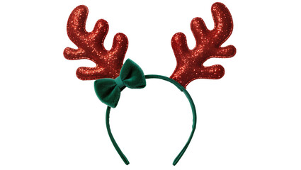 Isolated cute red glitter reindeer antler headpiece featuring a charming green velvet bow © Francisco