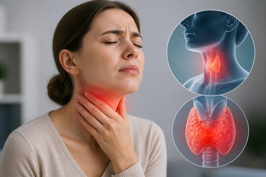 Woman shows throat discomfort, hand pressed to neck. Red glow highlights thyroid and lungs on medical diagrams. Her expression conveys pain or distress, suggesting illness. Ideal for health, medical