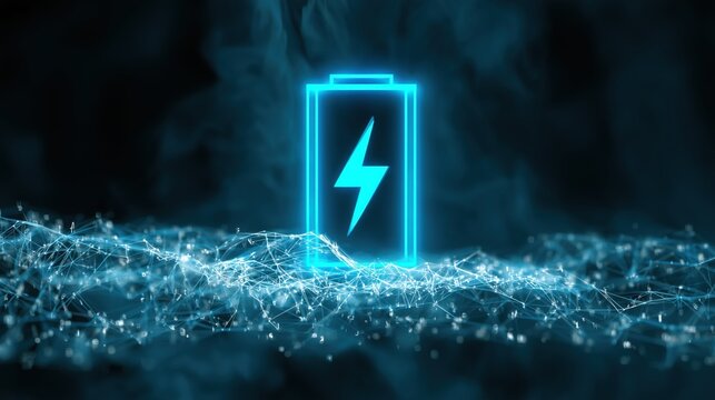 a large, glowing blue battery icon, centrally located with a prominent lightning bolt symbol a luminous, intricate web of interconnected nodes and lines spreads across the lower portion Generative AI
