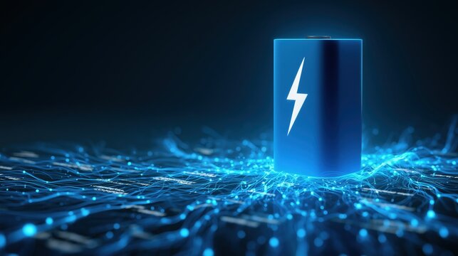 bright blue battery with a white lightning bolt, set against a dark blue to black gradient background below and around the battery, a dynamic network of interconnected blue light trails Generative AI