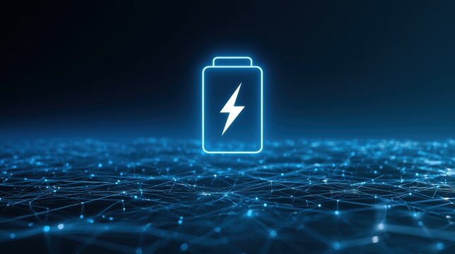 a luminous blue battery symbol with a white lightning bolt centered within it, against a deep blue to black gradient backdrop below the battery, a sparkling grid of interconnected blue Generative AI