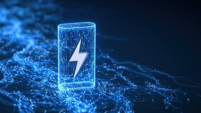 a brightly lit, wireframe battery icon in blue, featuring a solid white lightning bolt inside, positioned off center to the right the battery rests on an intricate, glowing blue network  Generative AI