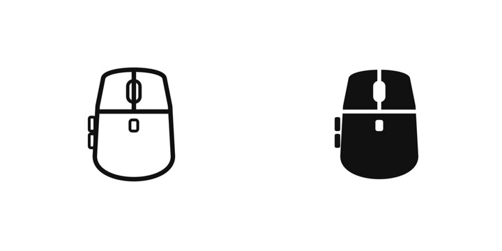Professional gaming mouse icon with DPI switch and side buttons in outline and solid filled vector styles
