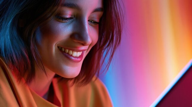 Young woman smiling while watching content on a tablet with colorful neon lighting
