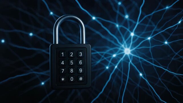 Numeric keypad padlock floating over a glowing neural-style network, symbolizing cybersecurity, digital encryption, secure access and modern technology protection