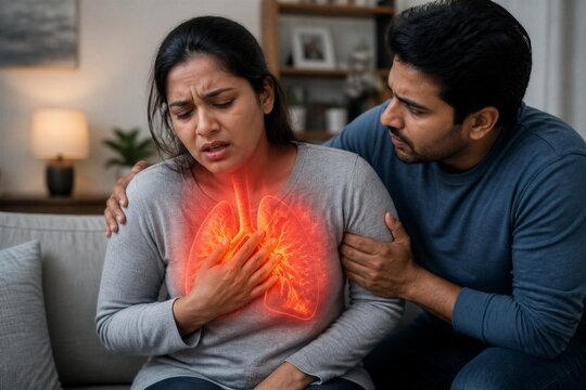Woman holds chest, illuminated lungs glow red. Man sits beside her, supportive, concerned. Both appear anxious, perhaps due to illness or pain. Image conveys emotional care and health struggles