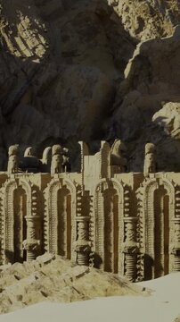 A stone structure stands in a rocky landscape. The scene shows carved figures and architectural details. Sunlight highlights the textures of the stone. Shadows create depth.