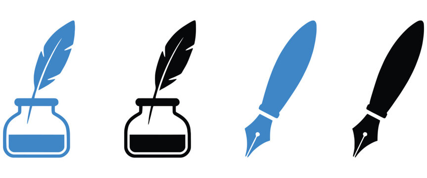Quill pen and ink bottle icon set vector collection featuring vintage calligraphy writing tools with elegant feather pens ink containers and classic stationery design elements