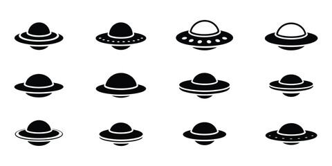 UFO and flying saucer icon collection, alien spaceship symbols in flat, outline and filled designs, science fiction, astronomy and space exploration concept, simple vector set isolated on white backgr © Rakib