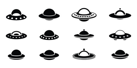 UFO icon set vector on white background, flying saucer, alien spacecraft and extraterrestrial symbols in outline and solid styles, sci-fi space concept, clean modern vector illustration. © Rakib