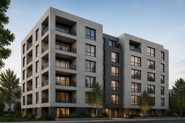 Naklejka premium Modern apartment building stands tall at dusk. Large windows glow with warm interior light. Trees line the sidewalk, softly illuminated by ground lights. Architectural lines emphasize clean