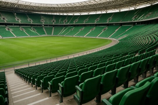 Empty stadium with vibrant green seats. Curved grass field stretches beneath the dome. Rows of seats face center, all unoccupied. Modern structure holds quiet anticipation. Ideal for sports, events