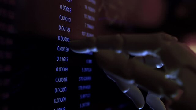 AI robotic hand scanning economic data on a monitor. Conceptual footage of future technology in  world.