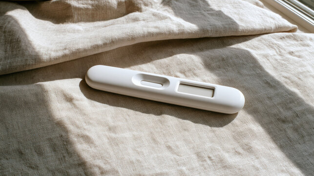Ovulation test on linen cloth in morning sunlight with clean blank display and soft shadow, minimalist healthcare still life with negative space