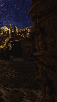 Ancient ruins stand tall in the desert, illuminated under a night sky filled with stars. Shadows stretch across the ground, creating a mysterious atmosphere.