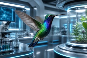 Naklejka premium Vibrant hummingbird hovers near lab glassware. Its feathers glow with iridescent blues and greens. The futuristic lab hums with cool, blue lighting