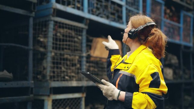 Latin woman warehouse worker using radio and checklist inspecting spare parts in industrial storage, inventory management and maintenance workflow in automotive workshop and quality control process.
